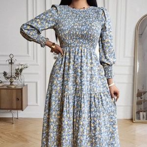 Blue floral smock midi dress